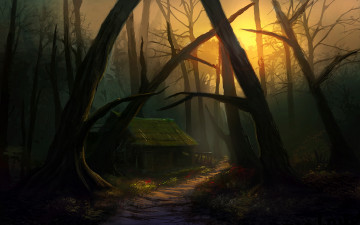 Картинка фэнтези пейзажи тропинка деревья домик вечер лес