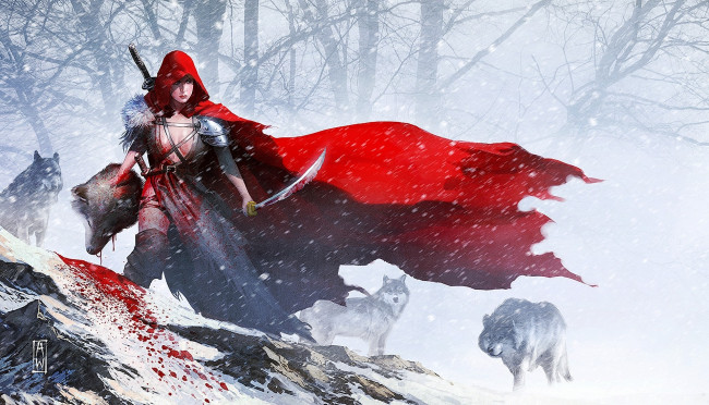 Обои картинки фото фэнтези, красавицы и чудовища, меч, снег, голова, отрубленная, волки, шапка, красная, девушка