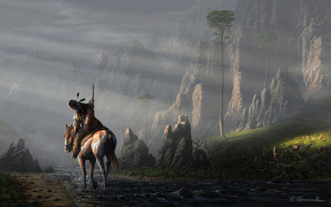 Обои картинки фото фэнтези, всадники,  наездники, колчан, камни, горы, стрелы, река, лук, лошадь, индеец