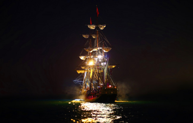 Обои картинки фото корабли, парусники, море, ночь, парусник, огни
