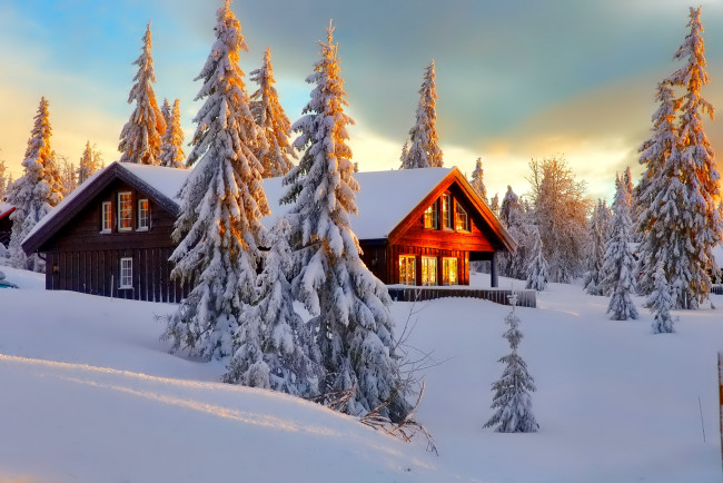 Обои картинки фото природа, зима, дом, деревья, снег