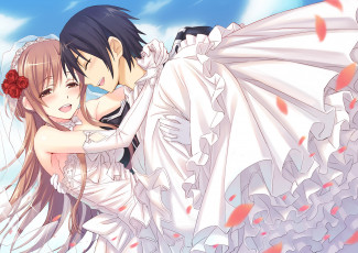 Картинка аниме sword+art+online арт matsuryuu sword art online yuuki asuna девушка парень kirigaya kazuto пара счастье романтика свадьба