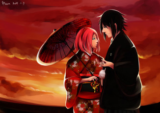 Картинка аниме naruto kimono sasuke uchiha девушка парень art maru sakuro haruno