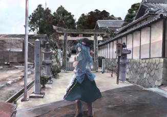 Картинка аниме touhou ichiba youichi деревья улица девушка арт столб шляпка дом hinanawi tenshi