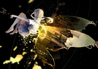 Картинка аниме vocaloid china luo tianyi bou shaku девушка искорки арт фея здания ночь город бабочка крылья