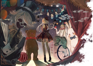 Картинка аниме vocaloid клоуны медведь девушка bou shaku luo tianyi арт воздушные шары часы china заяц