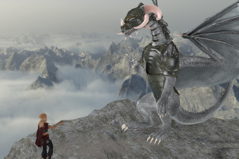 Картинка 3д+графика существа+ creatures девушка взгляд фон дракон горы пасть
