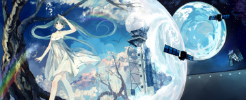 Картинка аниме vocaloid арт дождь радуга hatsune miku bou shaku девушка луна