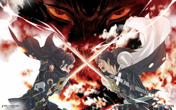 Картинка аниме оружие +техника +технологии marth арт kozaki yuusuke fire emblem мечи глаза парни бой chrom схватка