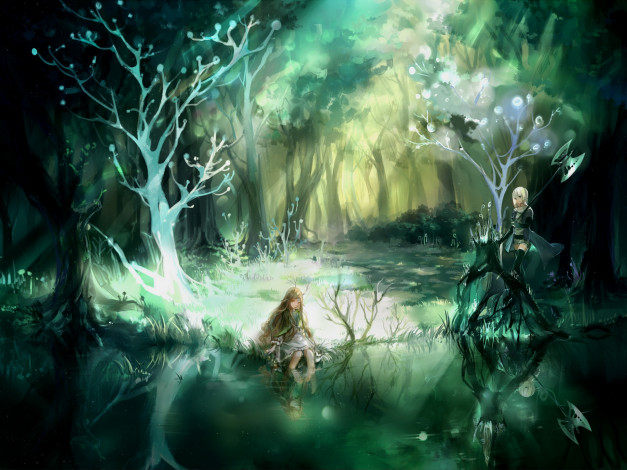 Обои картинки фото аниме, pixiv fantasia, озеро, лес, девушка, арт, h2so4kancel, pixiv, fantasia