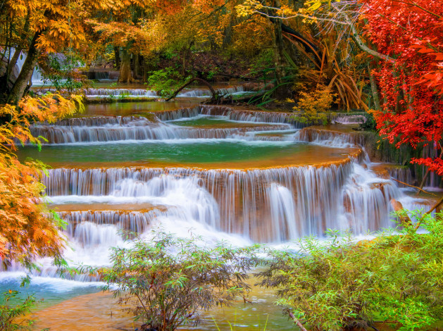 Обои картинки фото huay  kanchanaburi  thailand, природа, водопады, парк, таиланд, осень, водопад