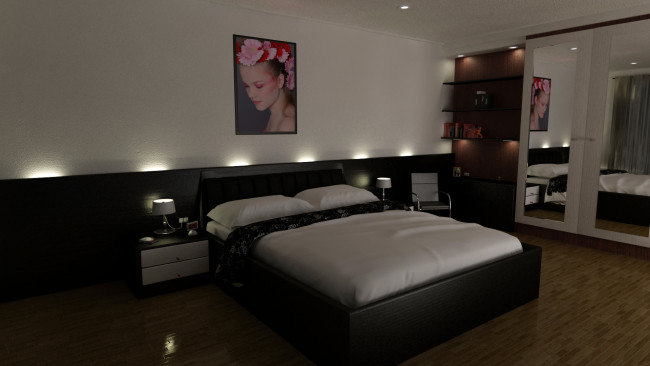 Обои картинки фото 3д графика, реализм , realism, подушка, кровать, зеркала, светильники, картина, тумбочка