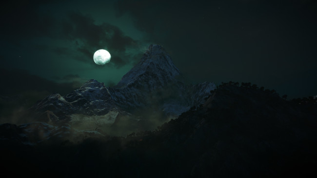 Обои картинки фото природа, горы, ночь, облака, деревья, луна