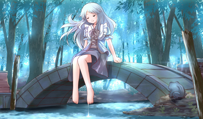 Обои картинки фото аниме, unknown,  другое, река, лес, сидит, девушка, мост, листья, деревья, вода, лягушка, арт, risutaru