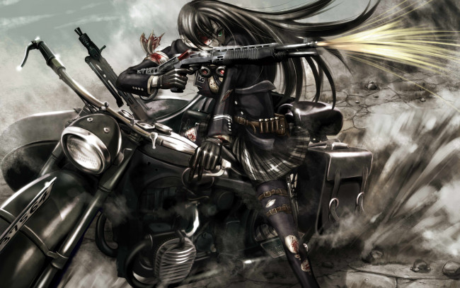 Обои картинки фото аниме, оружие,  техника,  технологии, kouji, oota, арт, девушка, мотоцикл, кровь, рана, бинт