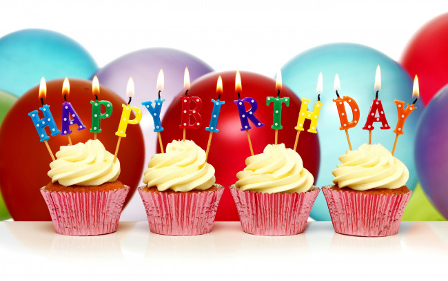 Обои картинки фото праздничные, день рождения, кексы, шары, свечи, день, рождения, cupcake, happy, birthday