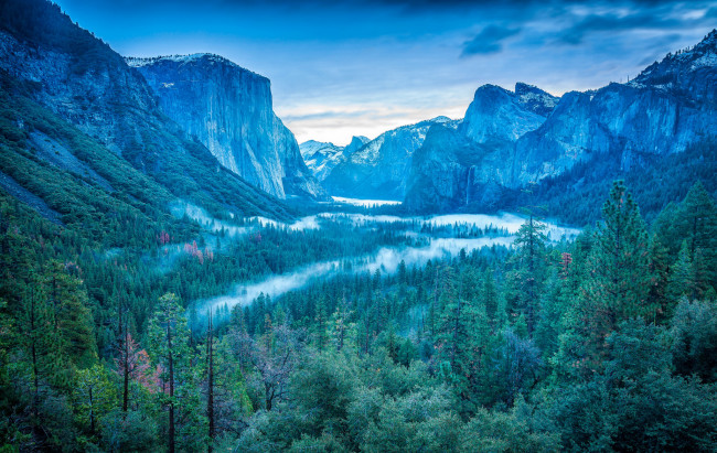 Обои картинки фото природа, горы, сша, сьерра-невада, yosemite, national, park, долина, водопад, туман, лес, деревья, небо