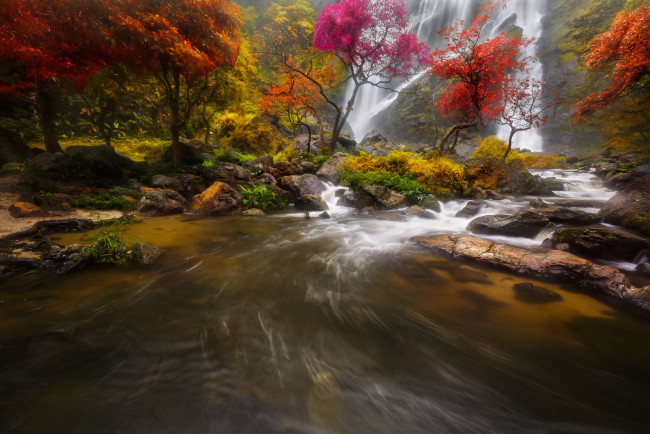 Обои картинки фото природа, водопады, скала, лес, река, камни, деревья, осень