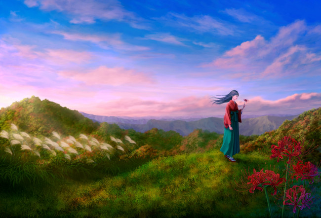 Обои картинки фото аниме, unknown,  другое, девушка, erhu, арт, трава, зелень, горы, облака, небо, цветы, холм