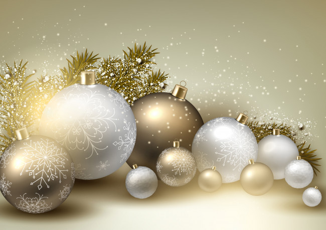 Обои картинки фото праздничные, векторная графика , новый год, веточки, елки, снежинки, блестки, шары