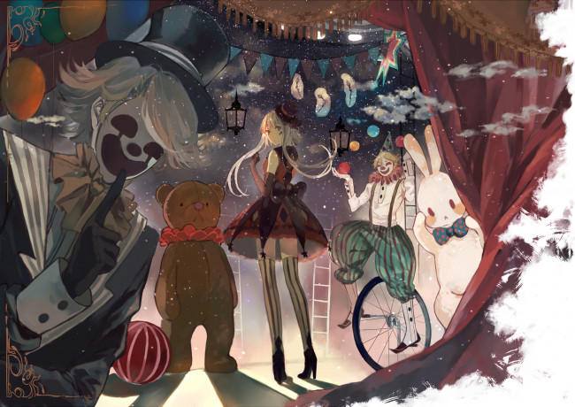 Обои картинки фото аниме, vocaloid, клоуны, медведь, девушка, bou, shaku, luo, tianyi, арт, воздушные, шары, часы, china, заяц