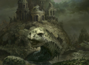 Картинка фэнтези существа руины гигантская башни город Черепаха
