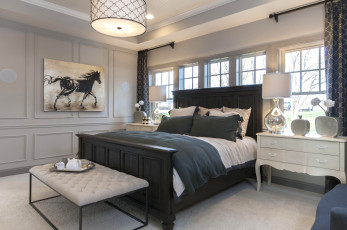 Картинка интерьер спальня дизайн кровать подушки лампа комод картина