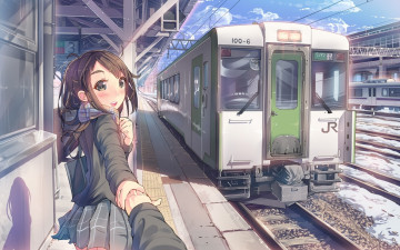 Картинка аниме оружие +техника +технологии перрон вокзал станция руки девочка электричка
