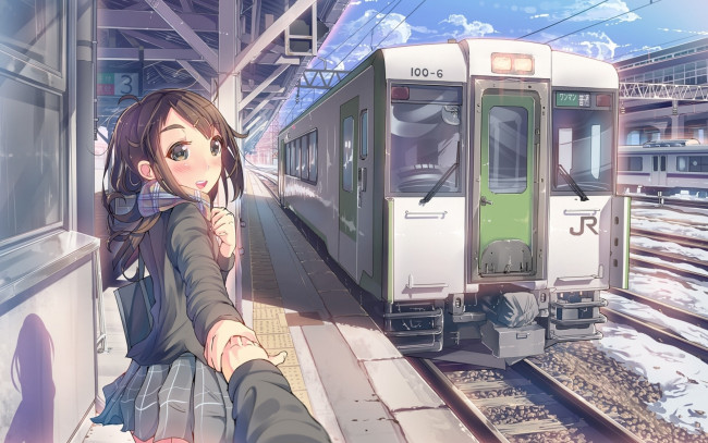 Обои картинки фото аниме, оружие,  техника,  технологии, перрон, вокзал, станция, руки, девочка, электричка