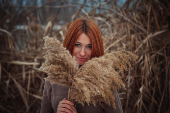 Картинка девушки -unsort+ лица +портреты камыши свитер метелки улыбка рыжая
