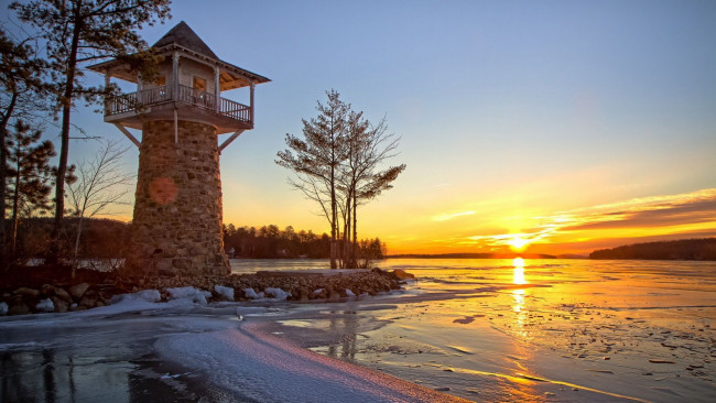 Обои картинки фото природа, восходы, закаты, закат, лед, озеро