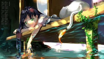 Картинка календари аниме лицо девушка 2018 кошка взгляд вода