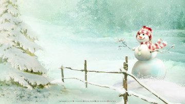 обоя календари, праздники,  салюты, зима, снег, шарф, шапка, елка, снеговик