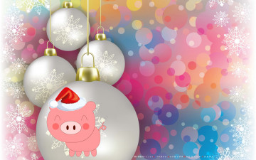 обоя календари, праздники,  салюты, шапка, свинья, поросенок, боке, шар, игрушка, снежинка, фон