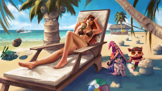 Обои картинки фото видео игры, league of legends, пальма, фон, девушка, пляж, море, существо, ребенок