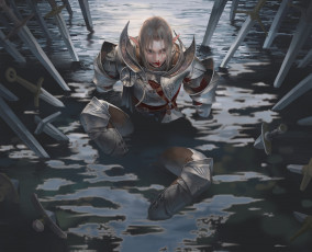 Картинка фэнтези эльфы девушка эльф броня мечи грязь