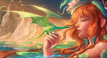 Картинка фэнтези девушки скалы пруд кувшинки дракон