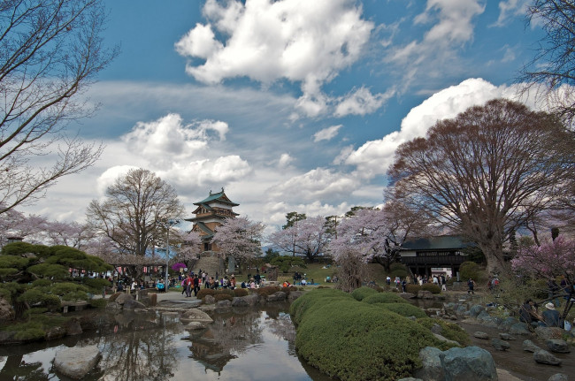 Обои картинки фото замок, такашима, Япония, города, замки, Японии, парк, деревья, пруд, пагода