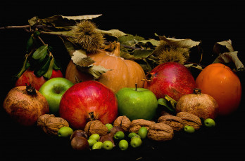 Картинка еда фрукты ягоды гранаты орехи каштаны хурма яблоко тыква