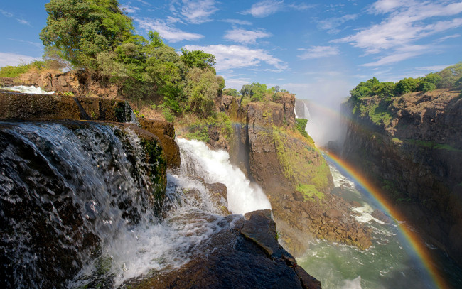 Обои картинки фото природа, радуга, лес, водопад, река, ущелье, плато