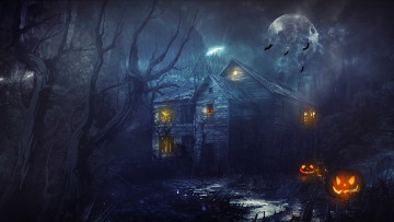 Картинка фэнтези иные+миры +иные+времена летучие мыши магия ночь дом разрушенный тыквы лес кот