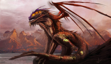 Картинка фэнтези драконы озеро горы скалы берег дракон