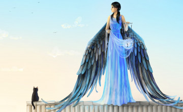 Картинка фэнтези ангелы свет платье фонарь крылья ангел