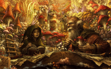 Картинка фэнтези маги +волшебники дедушка знахарь внучка книги грибы