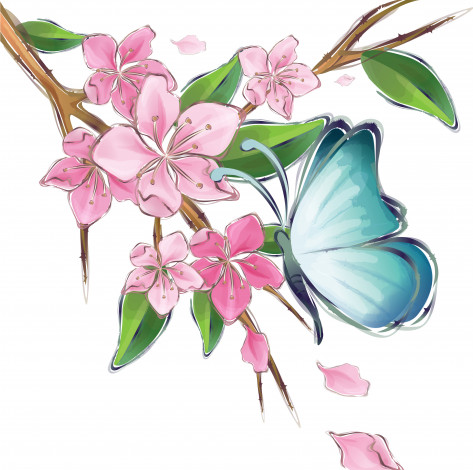 Обои картинки фото рисованные, природа, бабочка, ветка, цветы