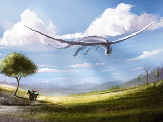 Обои картинки фото фэнтези, драконы, дракон, погоня, дерево, долина, всадник, воин