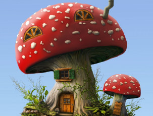 обоя рисованное, - другое, домик, растение, гриб