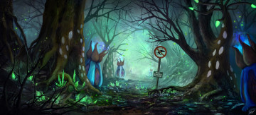 Картинка фэнтези пейзажи аллея дервья знак лес арт цветы растения
