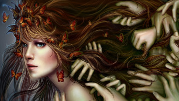 Картинка фэнтези девушки волосы бабочки девушка руки арт