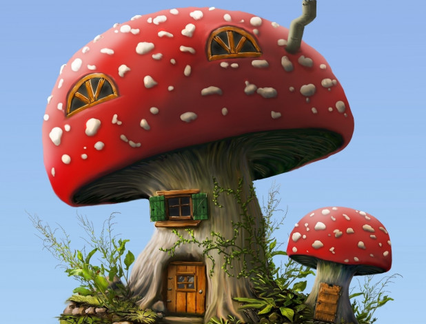 Обои картинки фото рисованное, - другое, домик, растение, гриб